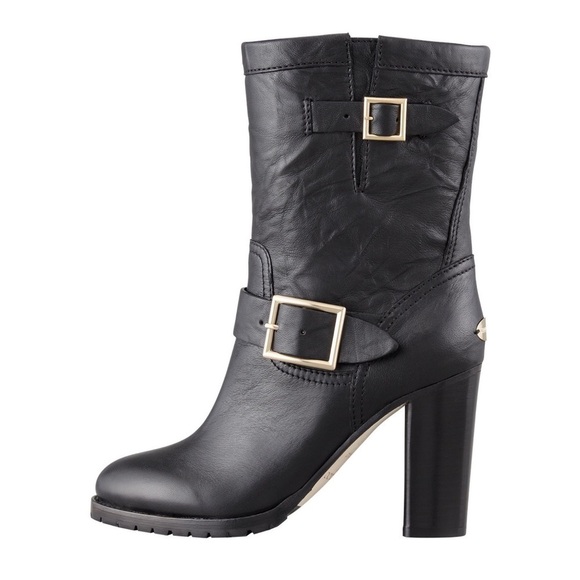 Jimmy Choo Dart Biker Black Leather Moto Combat Mid-Calf Buckle Bootie - Picture 10 of 16